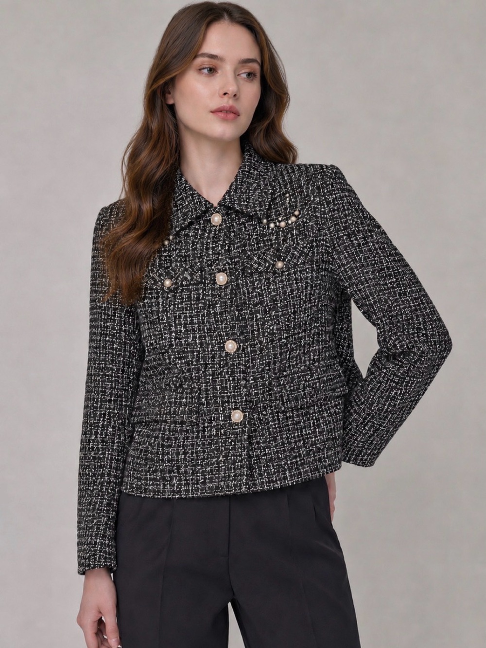 Karl Lagerfeld Paris Black White Tweed Jacket Pearl Button Size 12